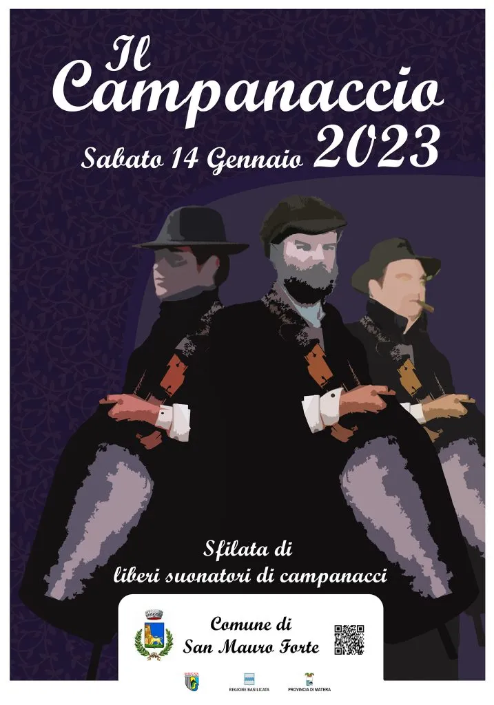 Locandina del Mese del Campanaccio 2023: sfilata di liberi suonatori di campanacci, 14 gennaio