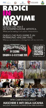 Il roll-up del progetto: fondo nero con il titolo Radici in Movimento, le fotografie degli otto carnevali lucani e le date del Raduno di Tricarico.